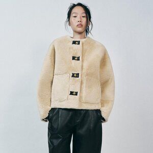Zara Faux Fur Jacket ZW Collection – Ecru – Size Small – Metal Button Closure
